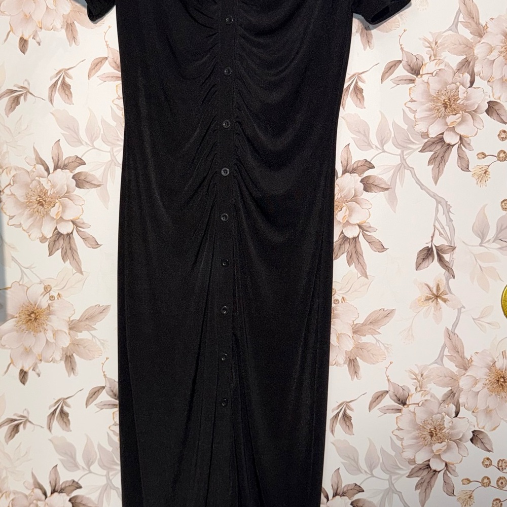 Black Ruched Semi-Sheer Button-Front Midi Dress -‎ Women's - Picture 3 of 4